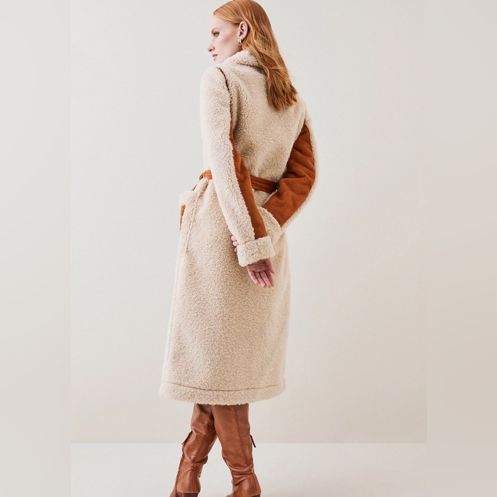 Petite Longline Db Faux Shearling Belted Coat